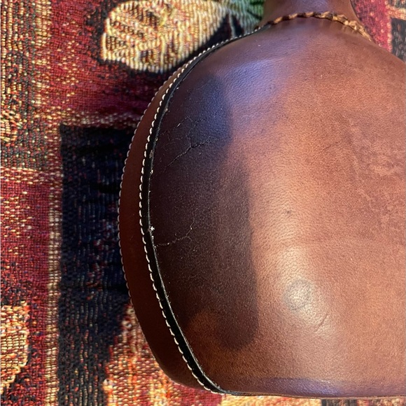 628 Vintage Leather-Wrapped Demijohn with Embossed Face  Green Glass Bottle - Picture 10 of 11